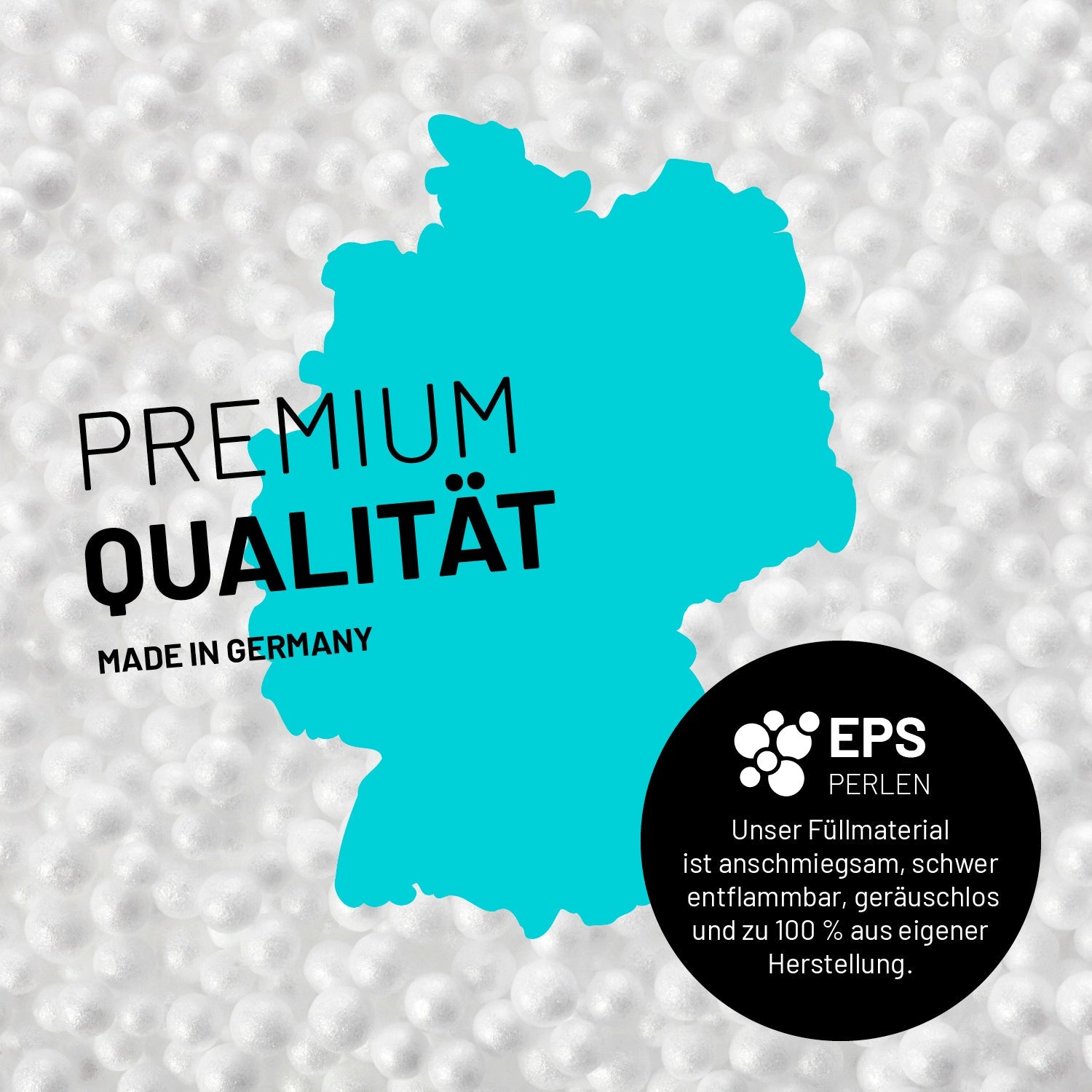 Umrisse der Deutschland-Karte mit Hinweis auf die EPS-Perlen und LUMALAND Germany 5 Jahre Garantie auf die Aussenhülle.