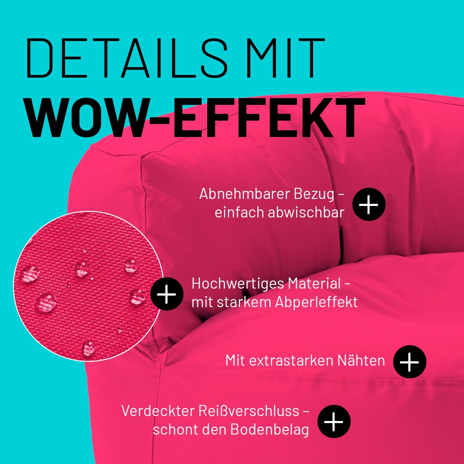 Pinkes Sitzsack-Sofa im Detail mit Informationen zu "Abwischbarer Bezug", "Verdeckter Reißverschluss" und "Extrastarke Nähte".