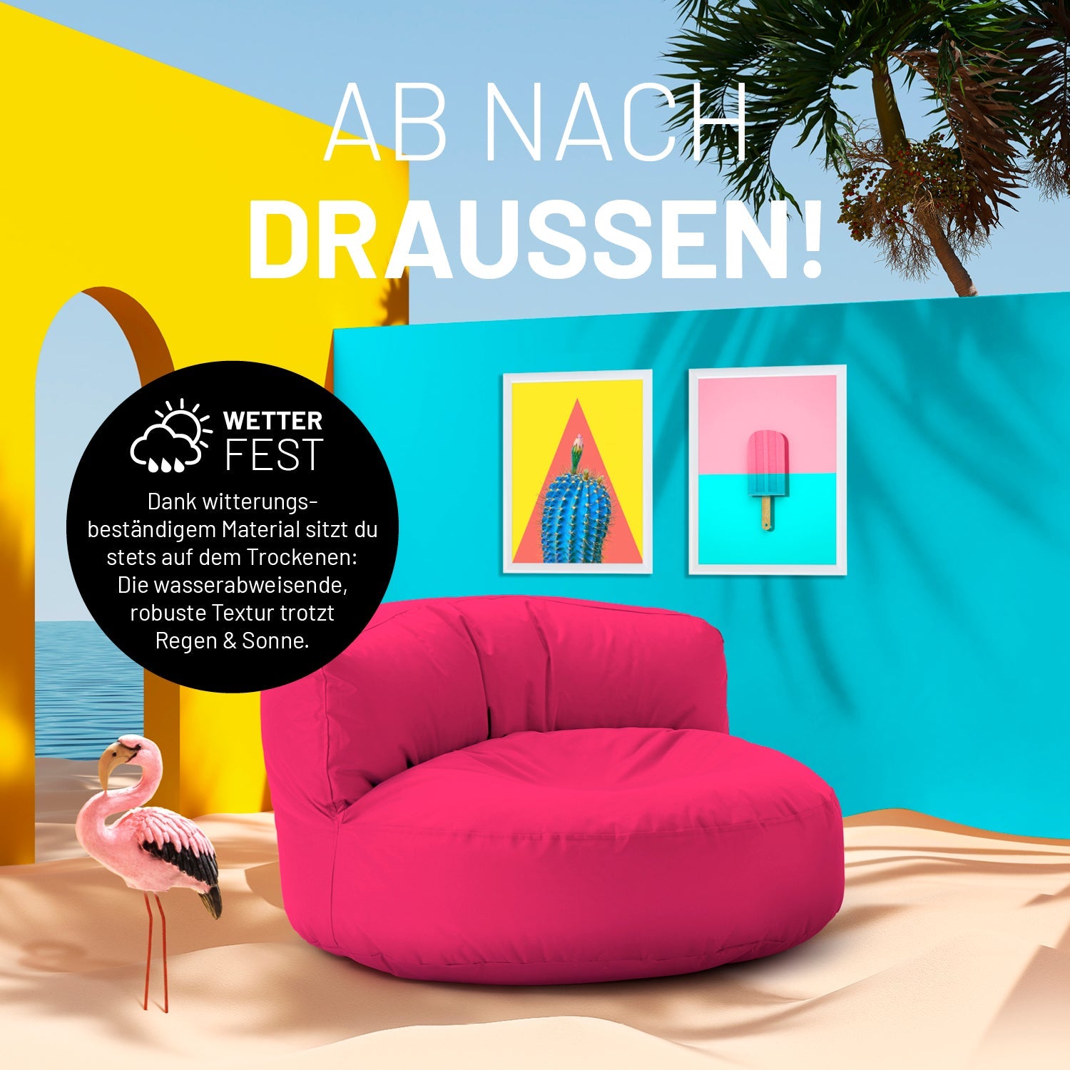 Pinker Lounge-Sitzsack in einer sehr bunten Outdoorszene mit Flamingo und Icon zum "Witterungsbeständigen Material."