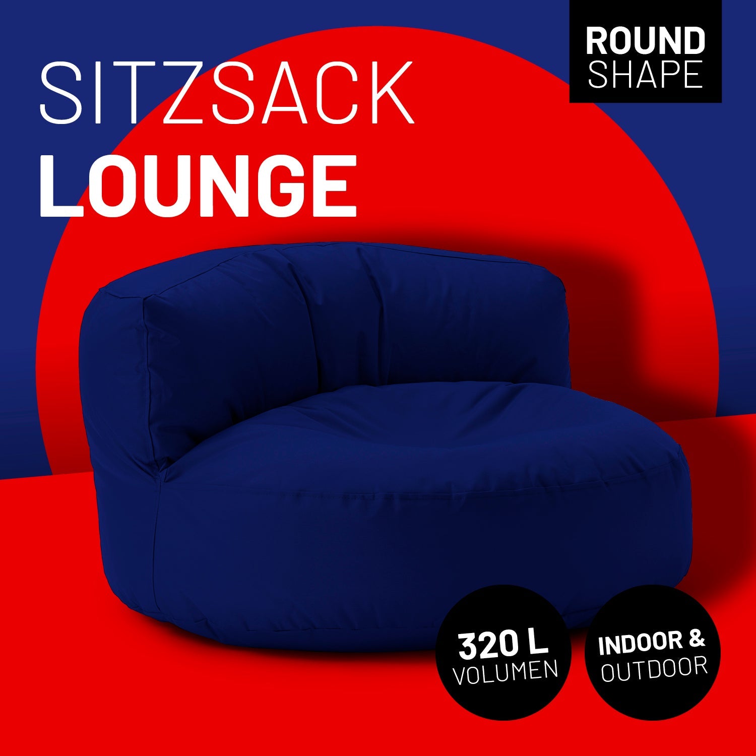 Lounge Sitzsack-Sofa in Dunkelblau mit Icon "Round Shape", "320 L Volumen" und "Indoor & Outdoor".