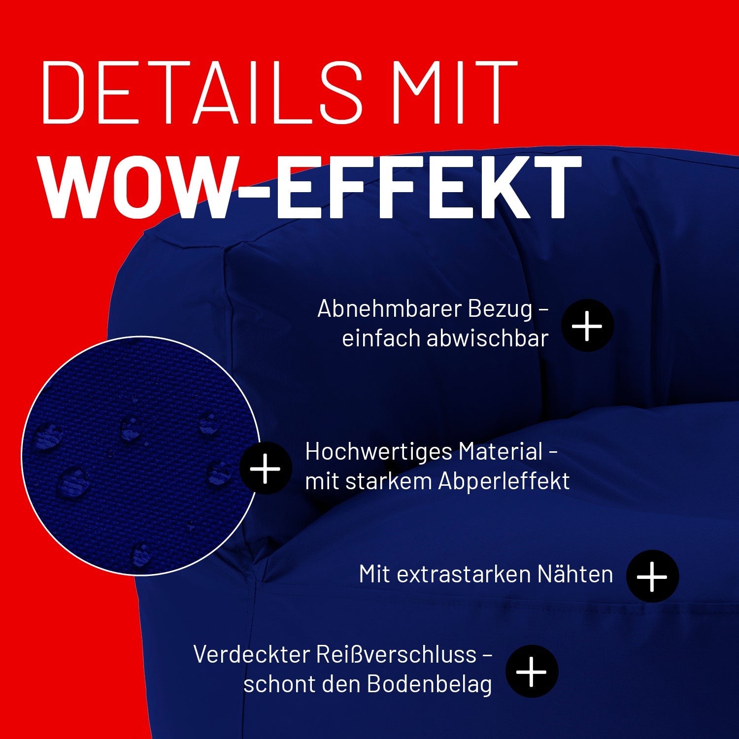 Blaues Sitzsack-Sofa im Detail mit Informationen zu "Abwischbarer Bezug", "Verdeckter Reißverschluss" und "Extrastarke Nähte".