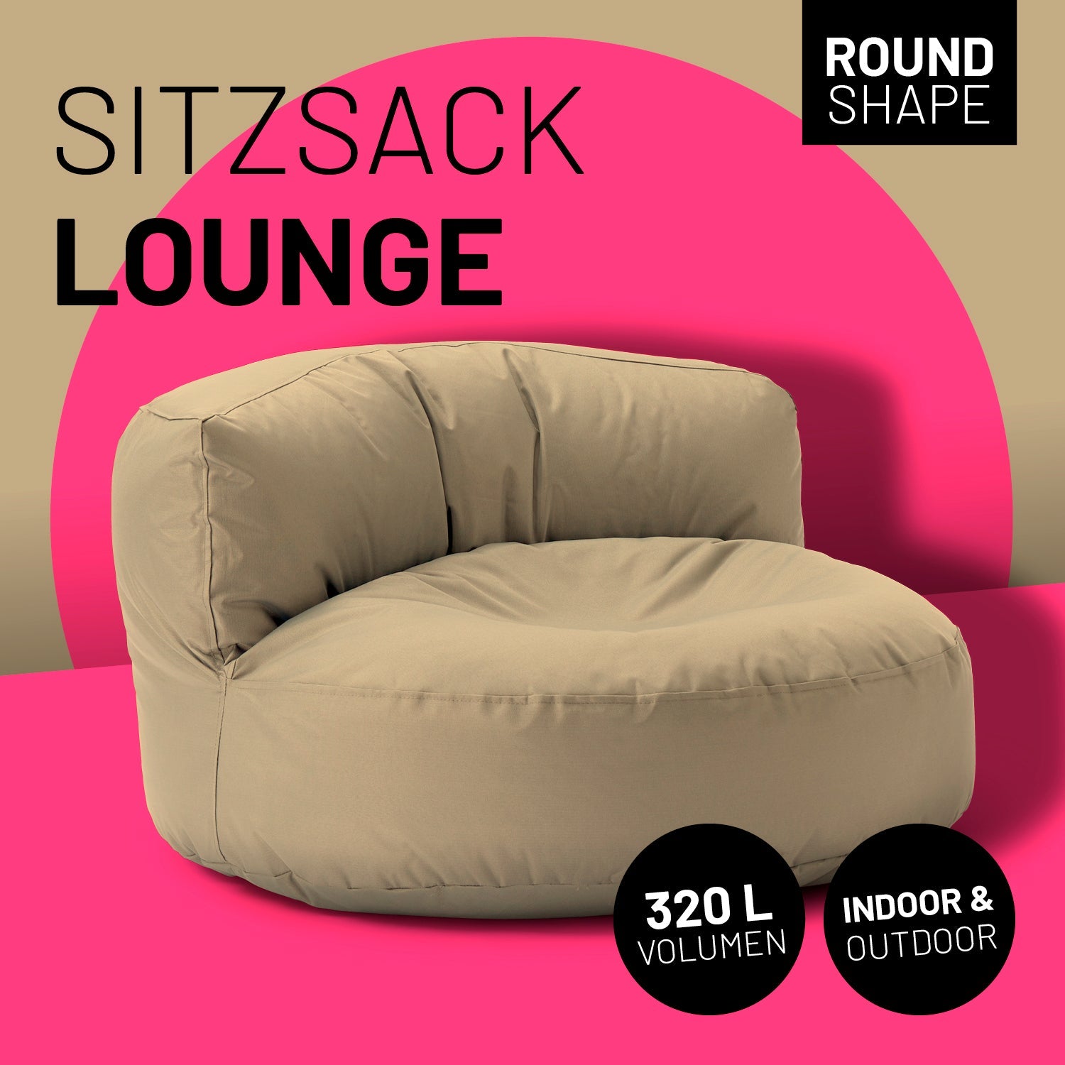 Lounge Sitzsack-Sofa in Beige mit Icon "Round Shape", "320 L Volumen" und "Indoor & Outdoor".