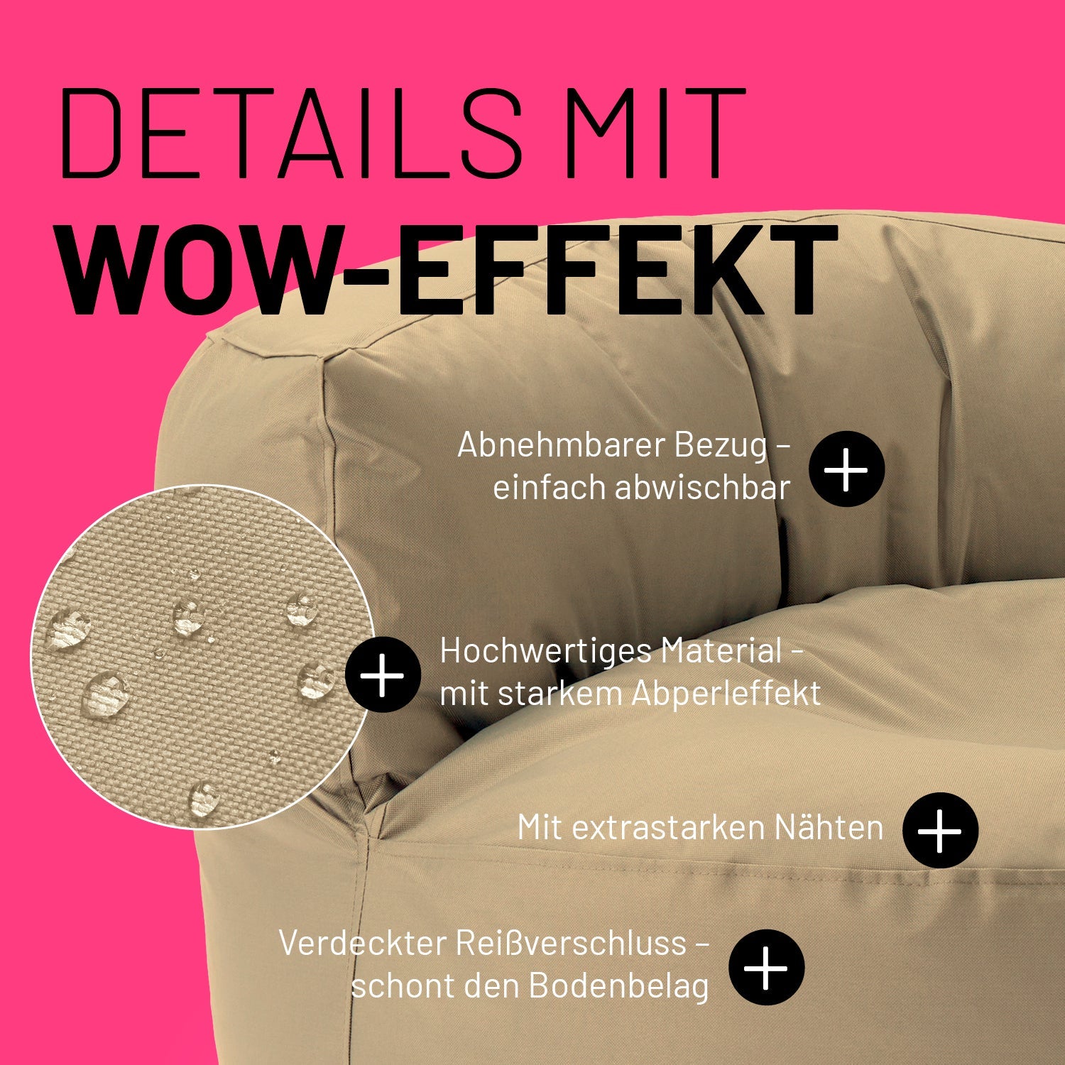 Beiges Sitzsack-Sofa im Detail mit Informationen zu "Abwischbarer Bezug", "Verdeckter Reißverschluss" und "Extrastarke Nähte".