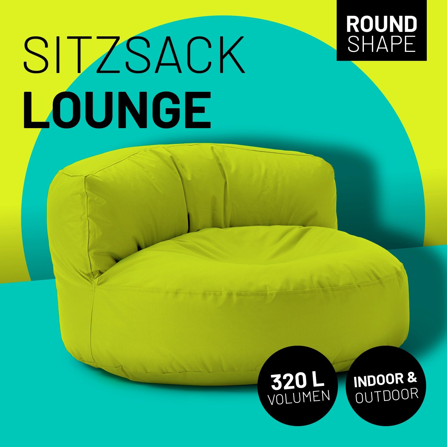 Lounge Sitzsack-Sofa in Apfelgrün mit Icon "Round Shape", "320 L Volumen" und "Indoor & Outdoor".