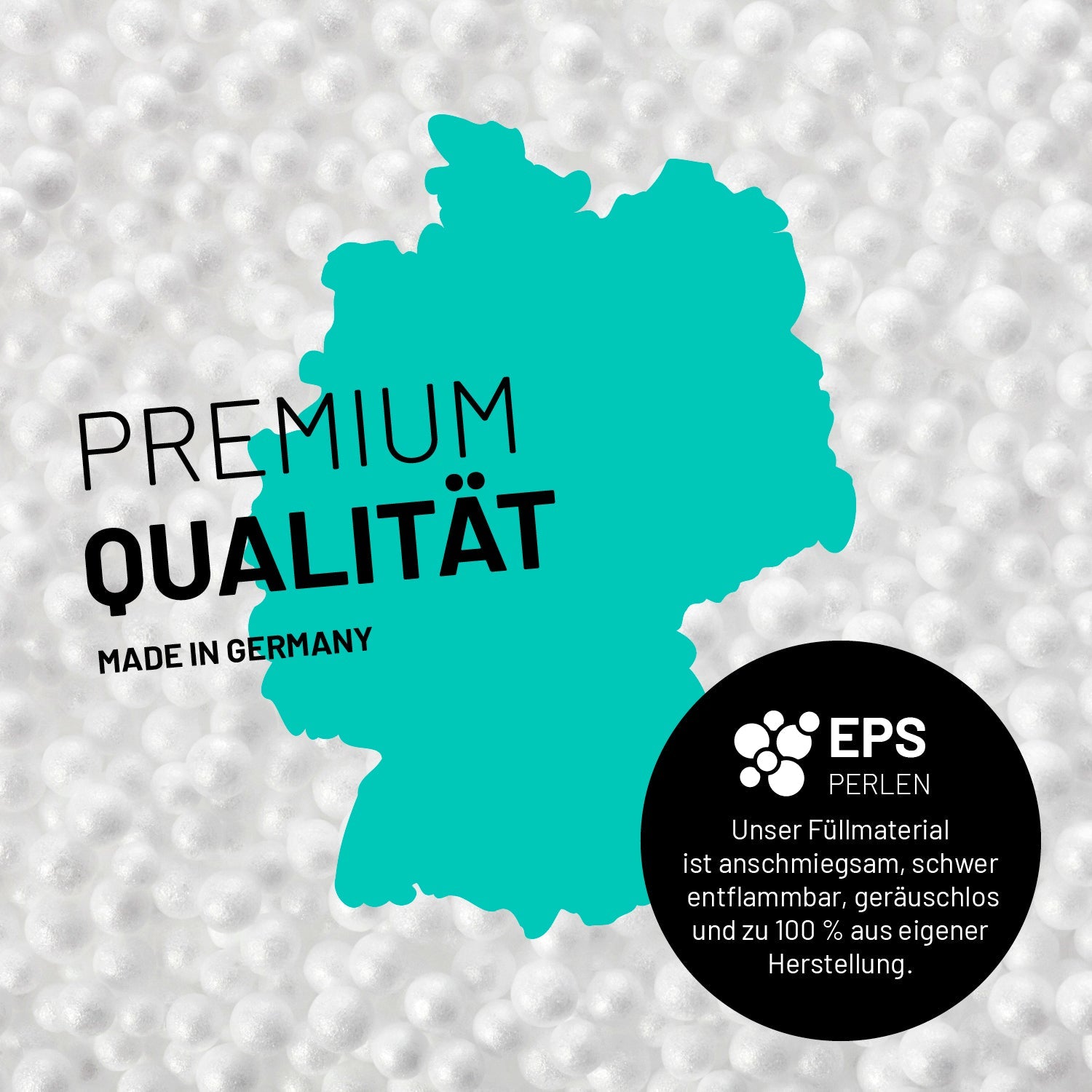 Umrisse der Deutschland-Karte mit Hinweis auf die EPS-Perlen und LUMALAND Germany 5 Jahre Garantie auf die Aussenhülle.
