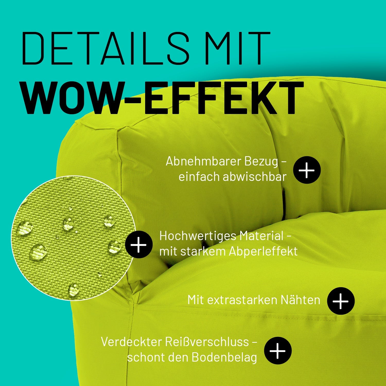 Grünes Sitzsack-Sofa im Detail mit Informationen zu "Abwischbarer Bezug", "Verdeckter Reißverschluss" und "Extrastarke Nähte".