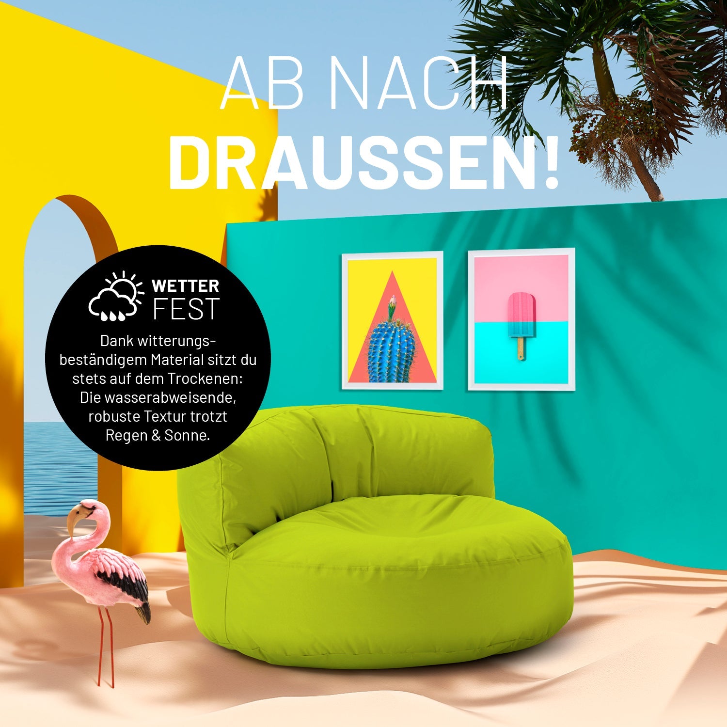 Apfelgrüner Lounge-Sitzsack in einer sehr bunten Outdoorszene mit Flamingo und Icon zum "Witterungsbeständigen Material."
