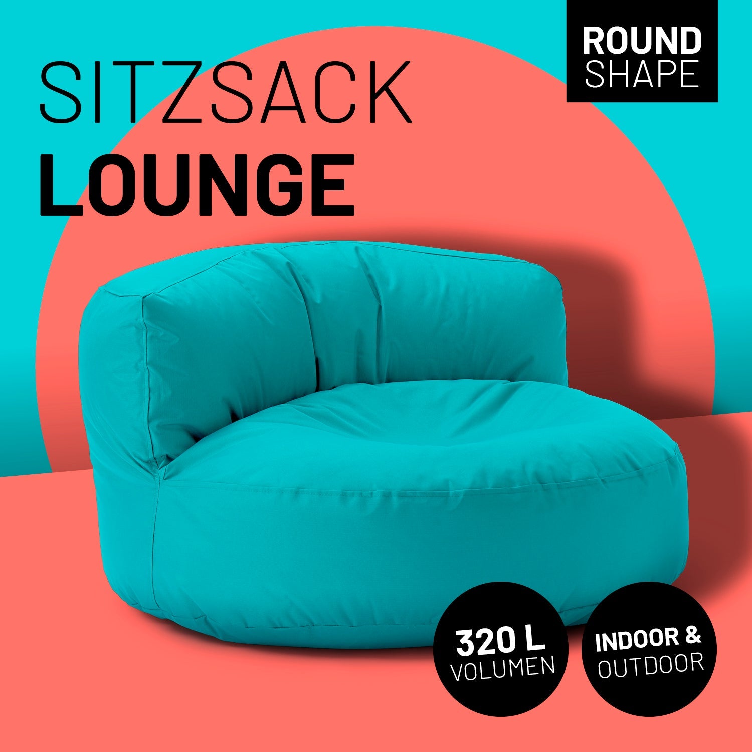 Lounge Sitzsack-Sofa in Aquamarin mit Icon "Round Shape", "320 L Volumen" und "Indoor & Outdoor".