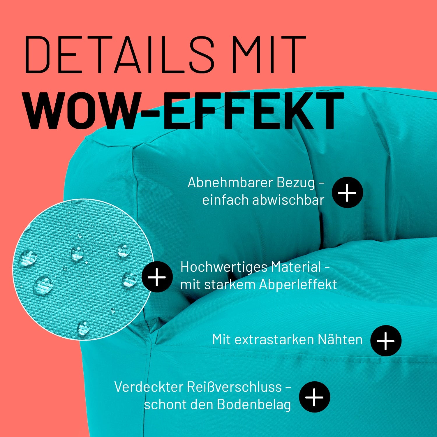 Aquamarines Sitzsack-Sofa im Detail mit Informationen zu "Abwischbarer Bezug", "Verdeckter Reißverschluss" und "Extrastarke Nähte".