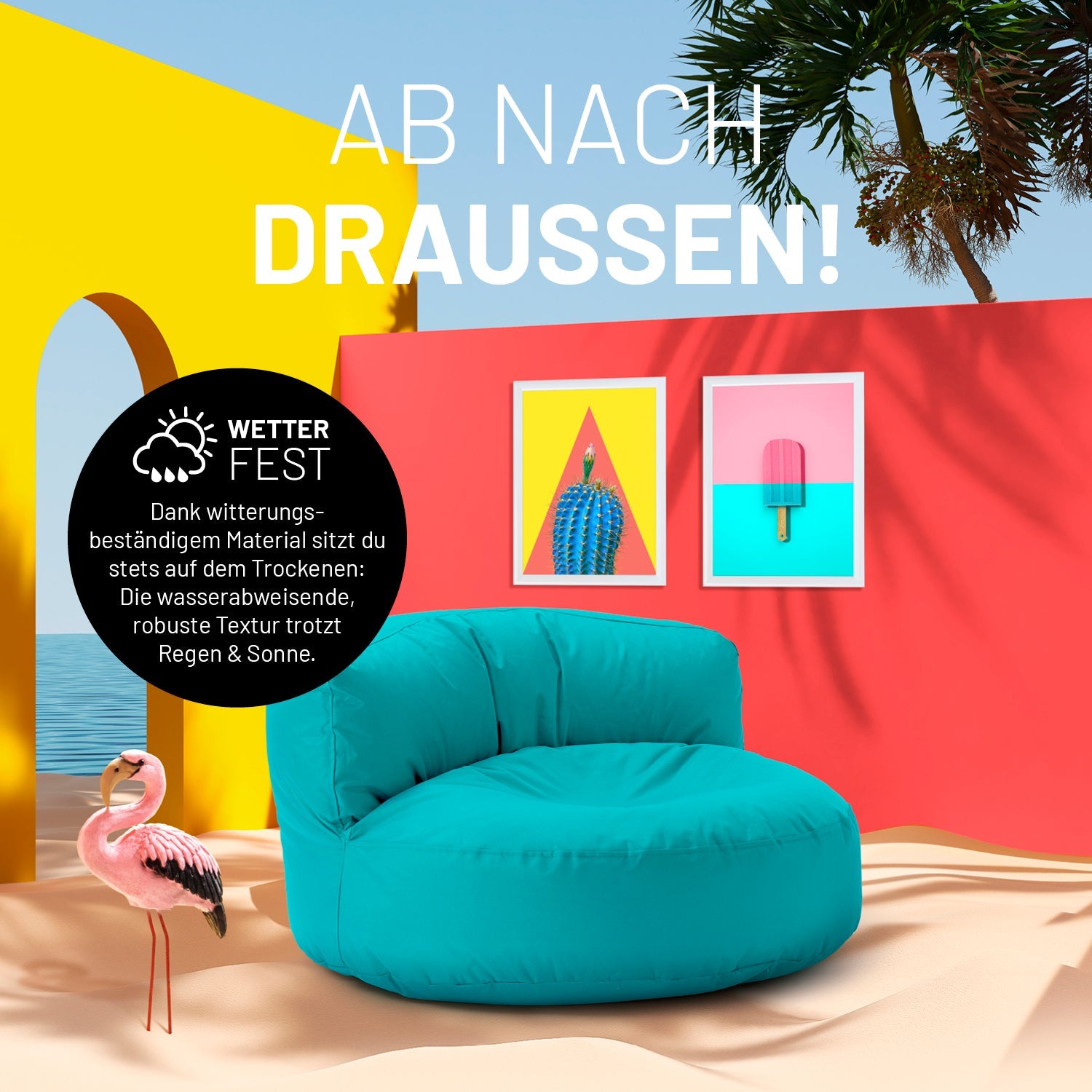 Aquamariner Lounge-Sitzsack in einer sehr bunten Outdoorszene mit Flamingo und Icon zum "Witterungsbeständigen Material."