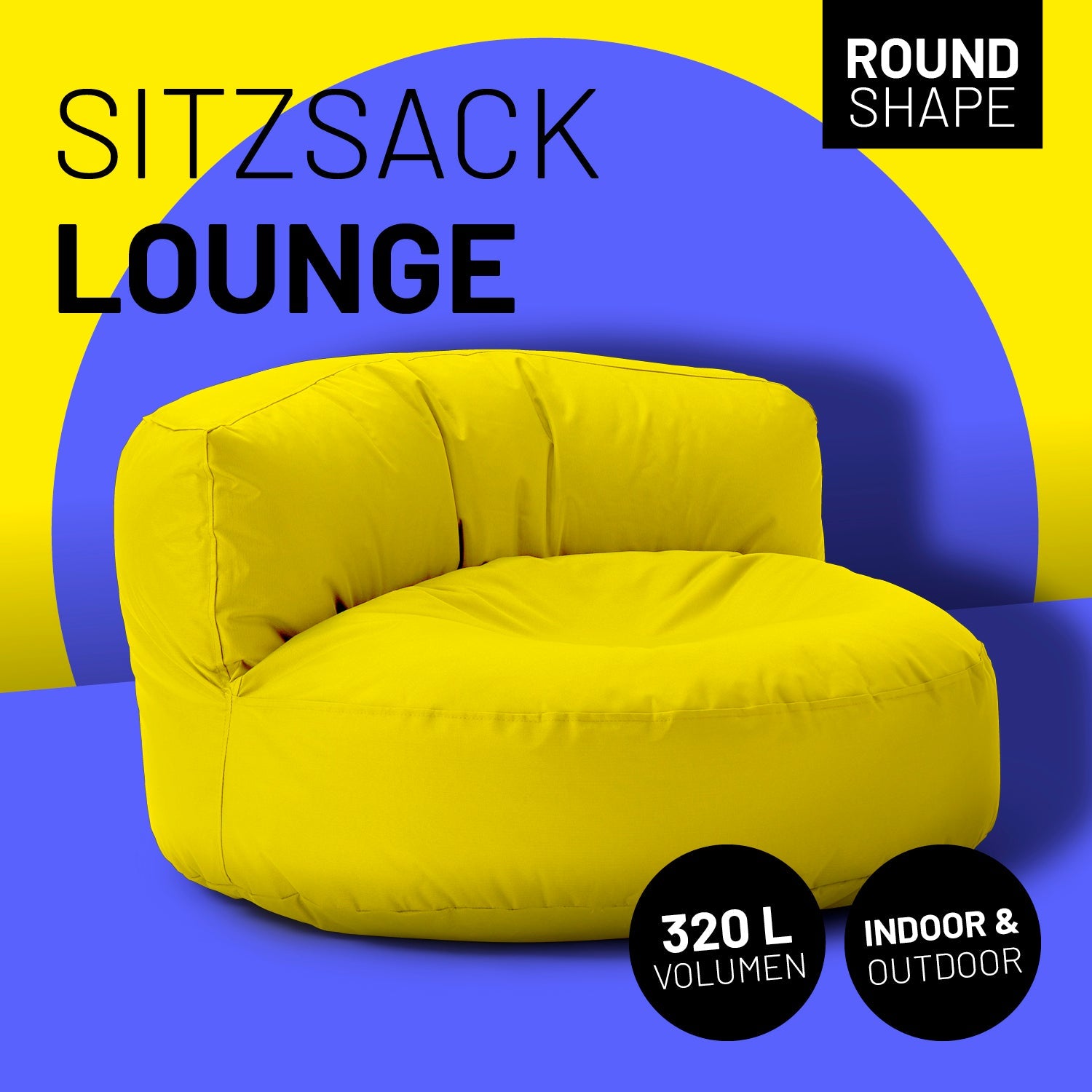 Lounge Sitzsack-Sofa in Gelb mit Icon "Round Shape", "320 L Volumen" und "Indoor & Outdoor".