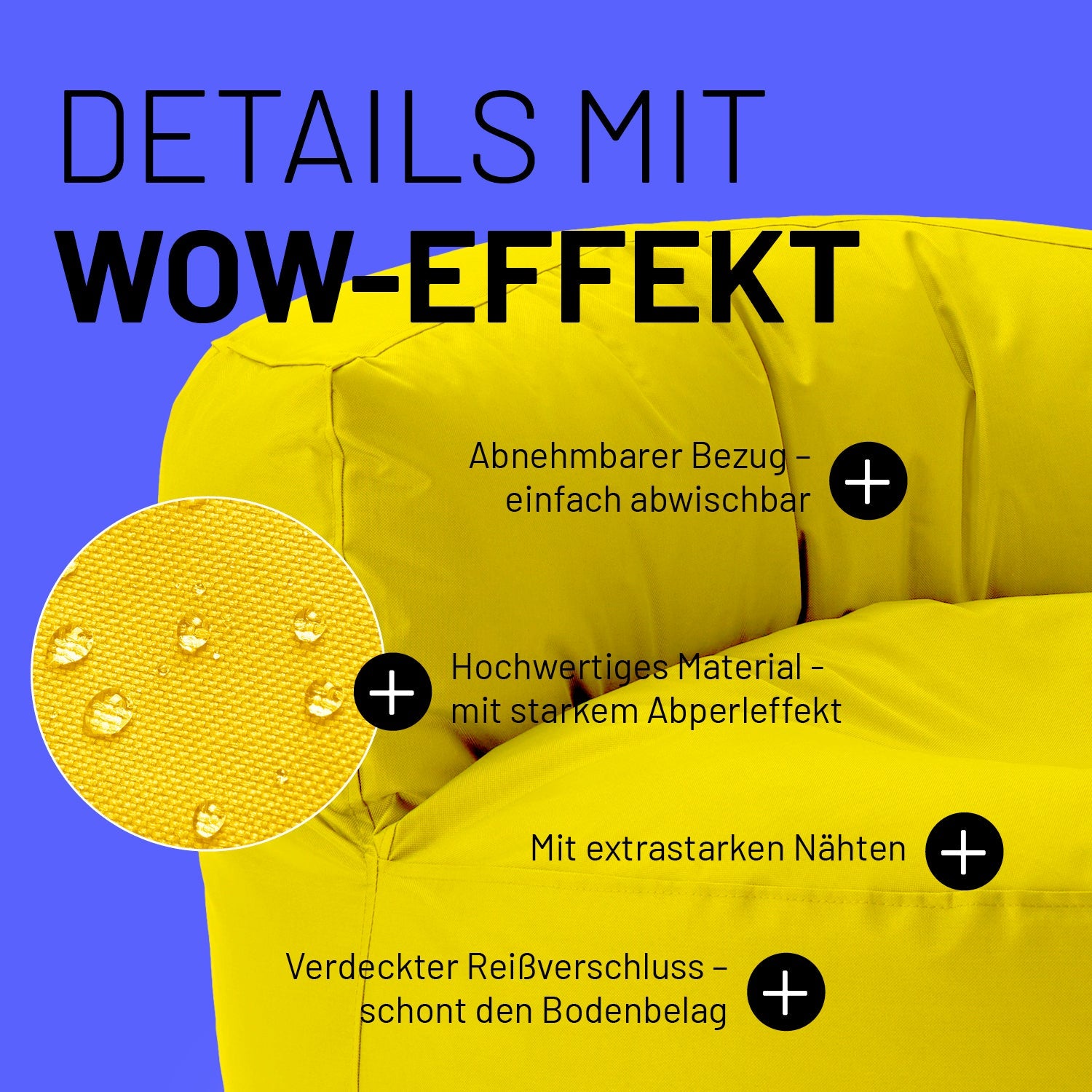 Gelbes Sitzsack-Sofa im Detail mit Informationen zu "Abwischbarer Bezug", "Verdeckter Reißverschluss" und "Extrastarke Nähte".