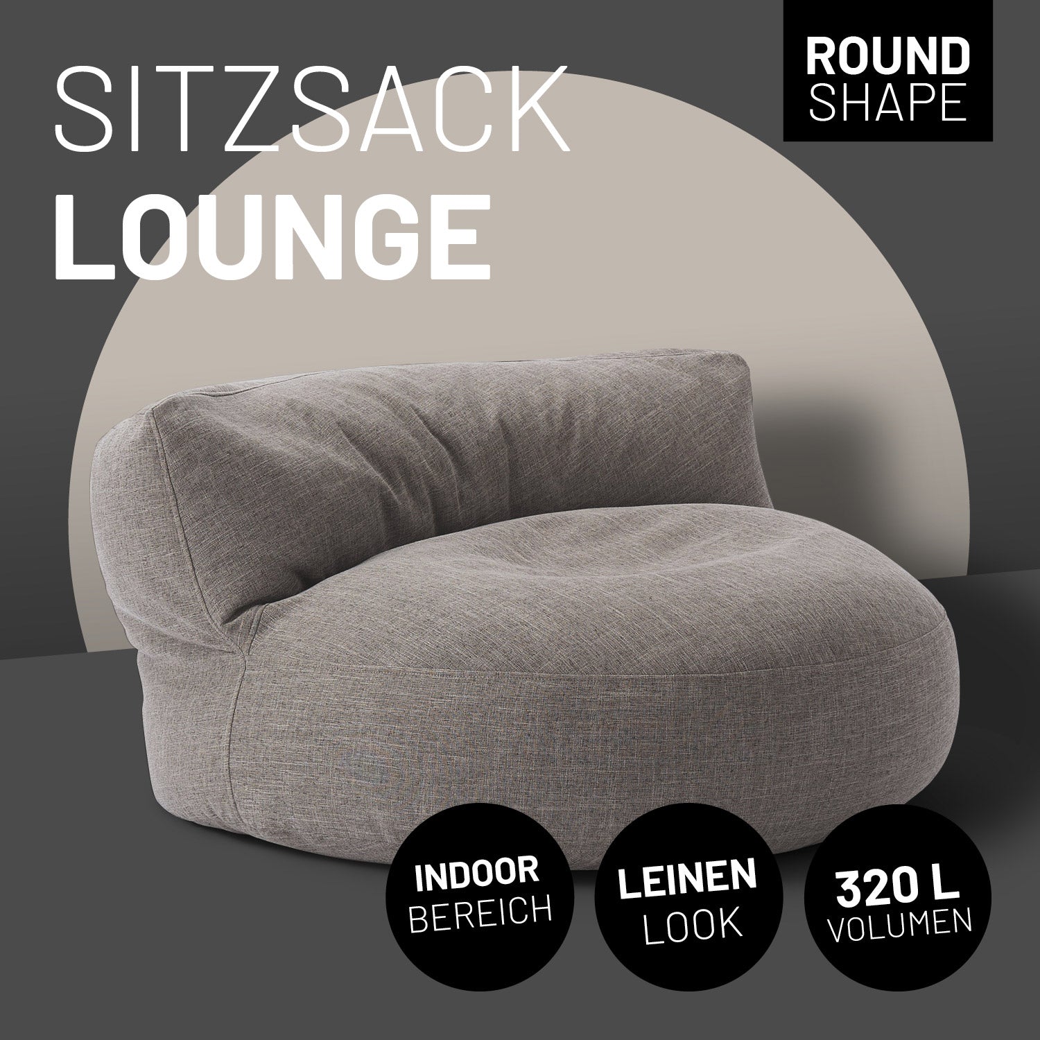 Lounge Sitzsack-Sofa Interior Line in Hellgrau mit Icon "Round Shape", "Indoor", "Leinen Look" und "320 L Volumen".