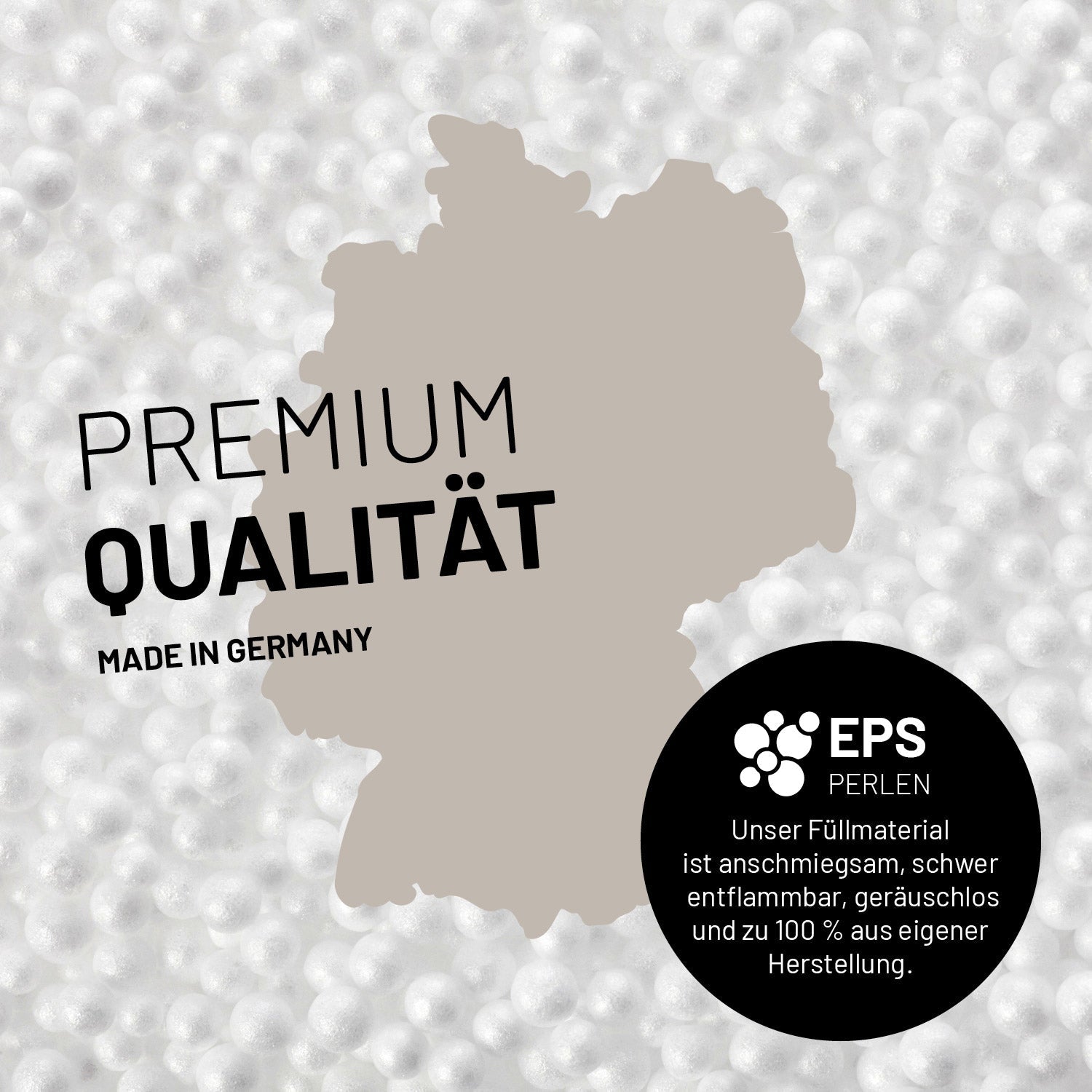 Umrisse der Deutschland-Karte mit Hinweis auf die EPS-Perlen und LUMALAND Germany 5 Jahre Garantie auf die Aussenhülle.