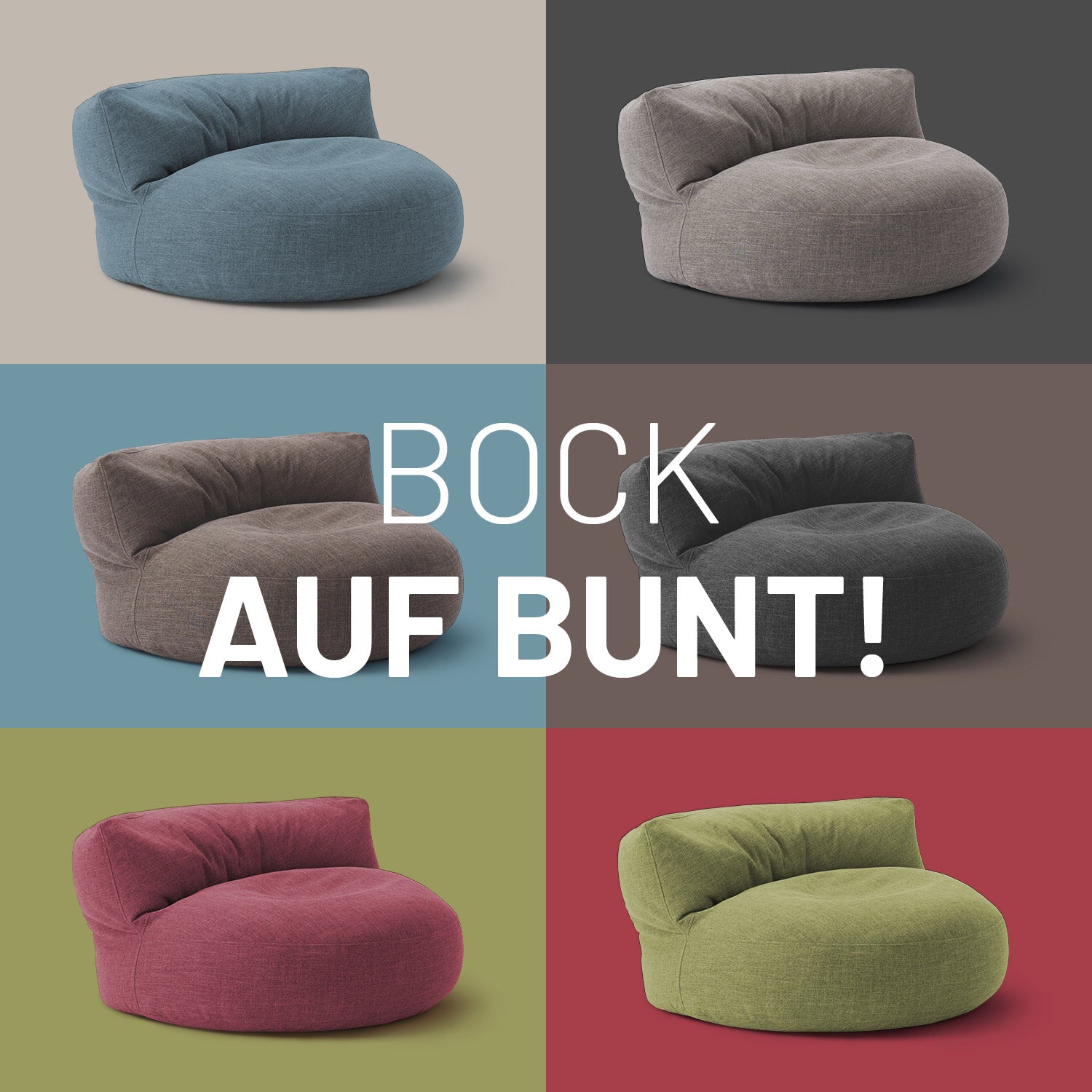 Sechs verschiedene Farben der LUMALAND Lounge-Sitzsäcken Interior Line vor Kontrastfarben in Kacheln - Bock auf Bunt!