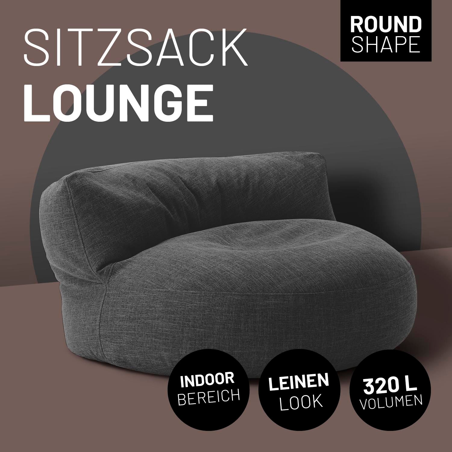 Lounge Sitzsack-Sofa Interior Line in Dunkelgrau mit Icon "Round Shape", "Indoor", "Leinen Look" und "320 L Volumen".