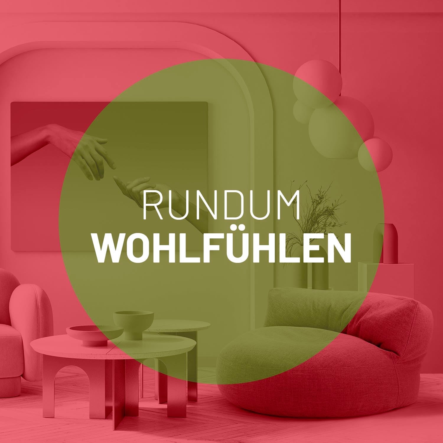 Modernes Wohnzimmer mit Sitzsack-Sofa aus der Interior Line in Rot, überlagert von Kreis mit Text: "RUNDUM WOHLFÜHLEN".