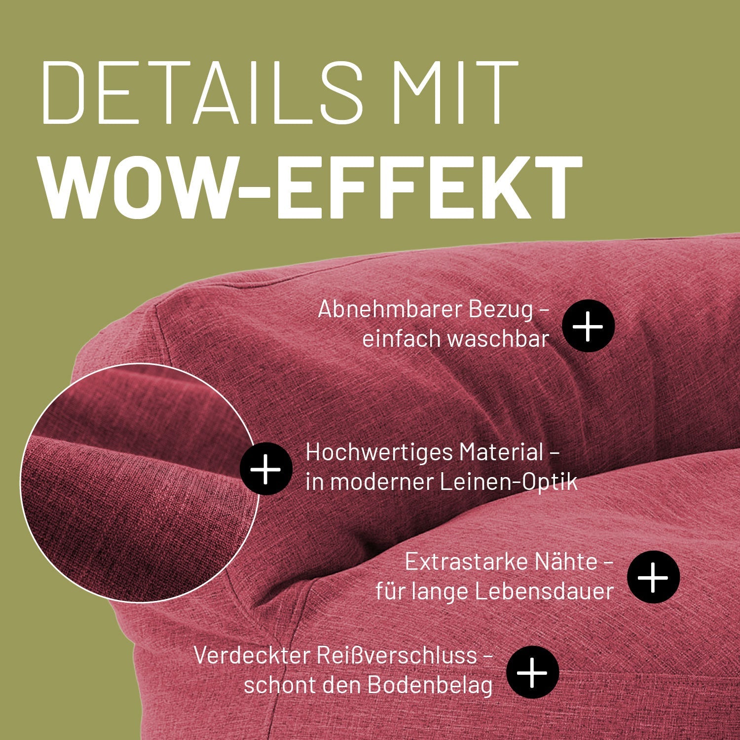 Rotes Sitzsofa im Detail mit Informationen zu "Waschbarer Bezug", "Verdeckter Reißverschluss" und "Extrastarke Nähte".