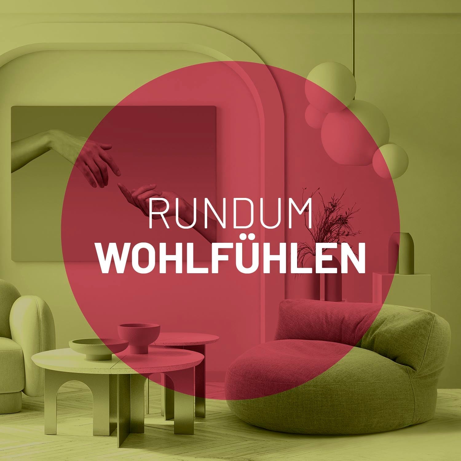 Modernes Wohnzimmer mit Sitzsack-Sofa aus der Interior Line in Lime, überlagert von Kreis mit Text: "RUNDUM WOHLFÜHLEN".