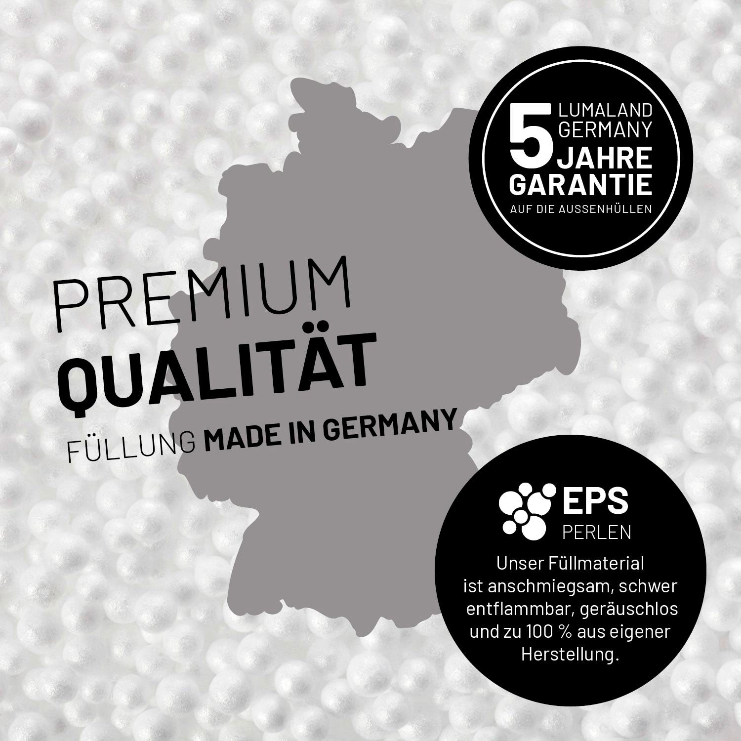 Umrisse der Deutschland-Karte mit Hinweis auf die EPS-Perlen und LUMALAND Germany 5 Jahre Garantie auf die Aussenhülle.