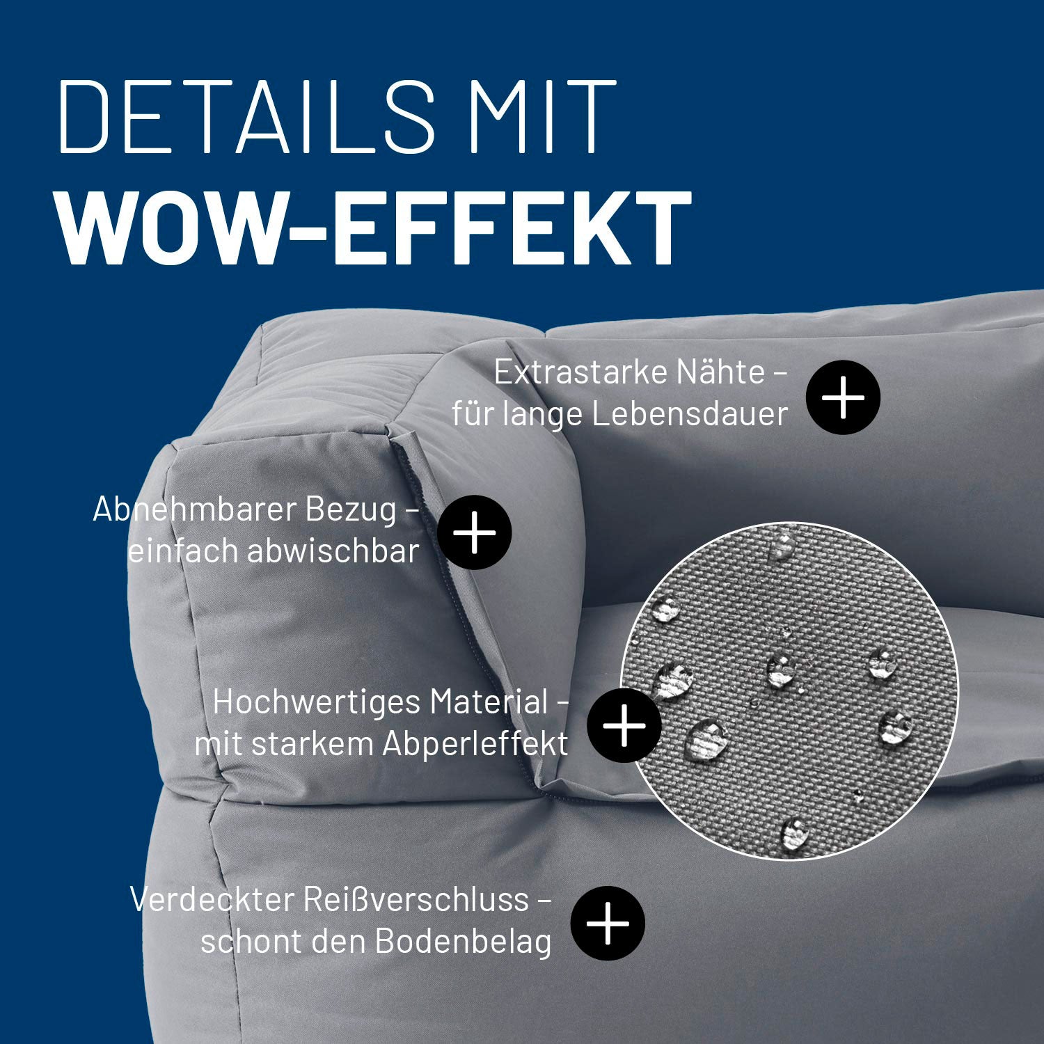 Ecke im Detail mit Informationen zu "Waschbarer Bezug", "Verdeckter Reißverschluss", Abperleffekt" und "Extrastarke Nähte".