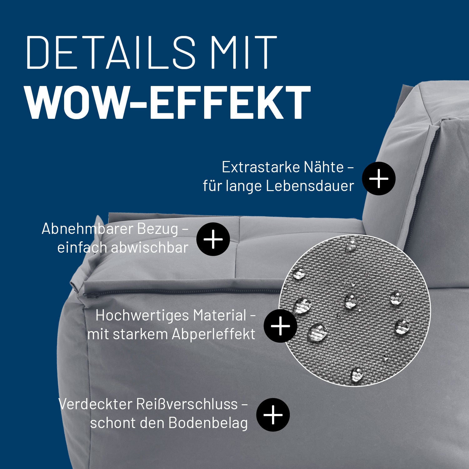 Lounge im Detail mit Informationen zu "Waschbarer Bezug", "Verdeckter Reißverschluss", Abperleffekt" und "Extrastarke Nähte".
