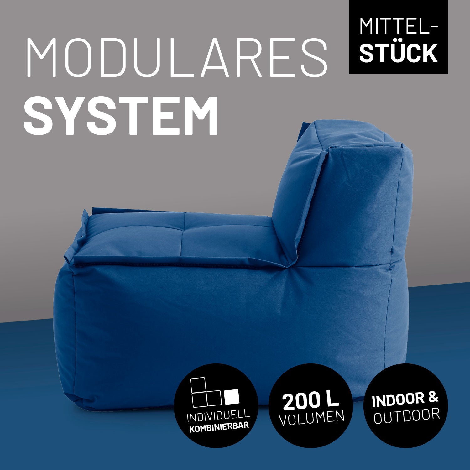 Navyblaues Mittelteil vor Kontrastfarben mit Icons "200 L Volumen", "individuell kombinierbar" und "Indoor & Outdoor"
