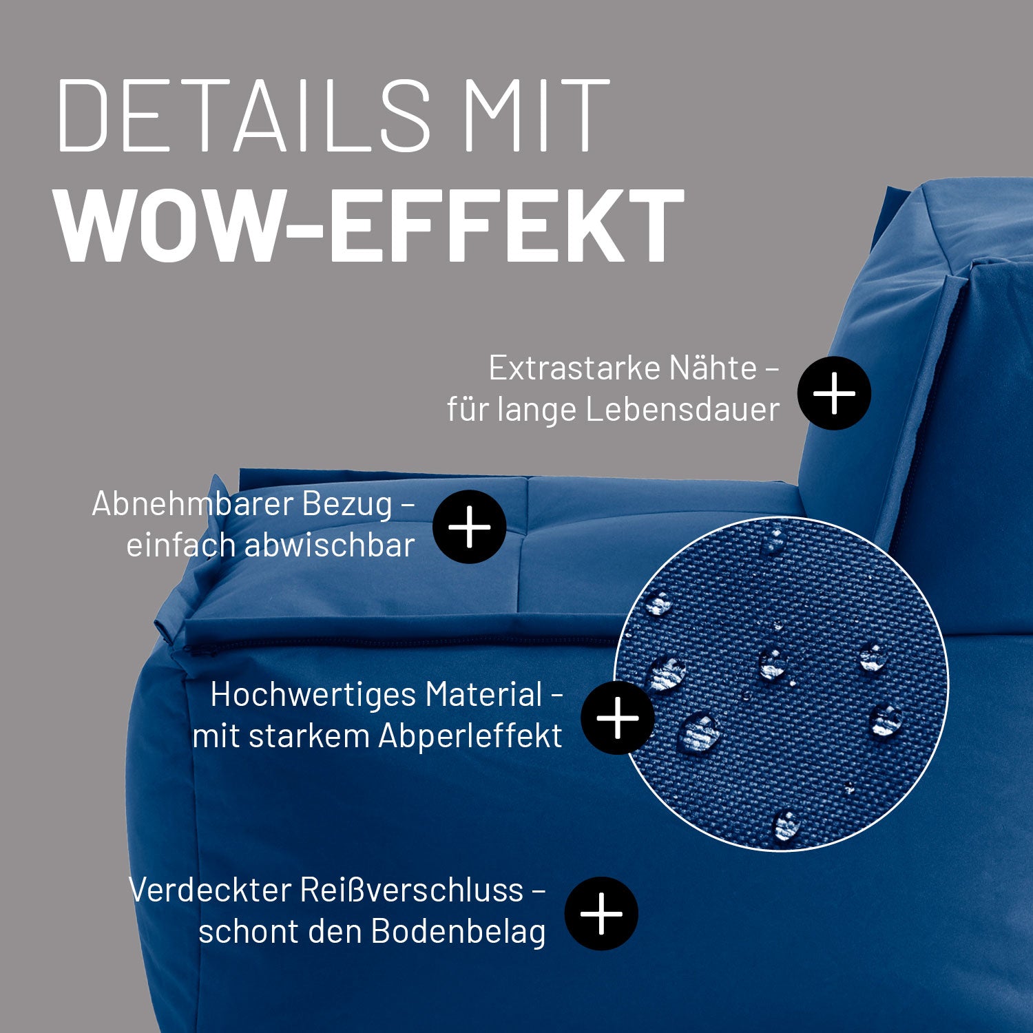 Lounge im Detail mit Informationen zu "Waschbarer Bezug", "Verdeckter Reißverschluss", Abperleffekt" und "Extrastarke Nähte".