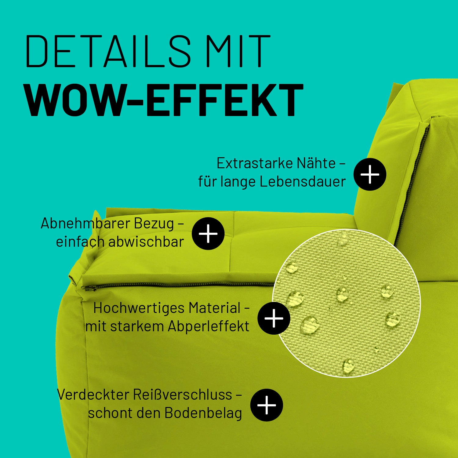 Lounge im Detail mit Informationen zu "Waschbarer Bezug", "Verdeckter Reißverschluss", Abperleffekt" und "Extrastarke Nähte".