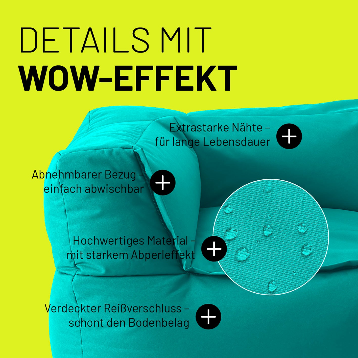 Ecke im Detail mit Informationen zu "Waschbarer Bezug", "Verdeckter Reißverschluss", Abperleffekt" und "Extrastarke Nähte".