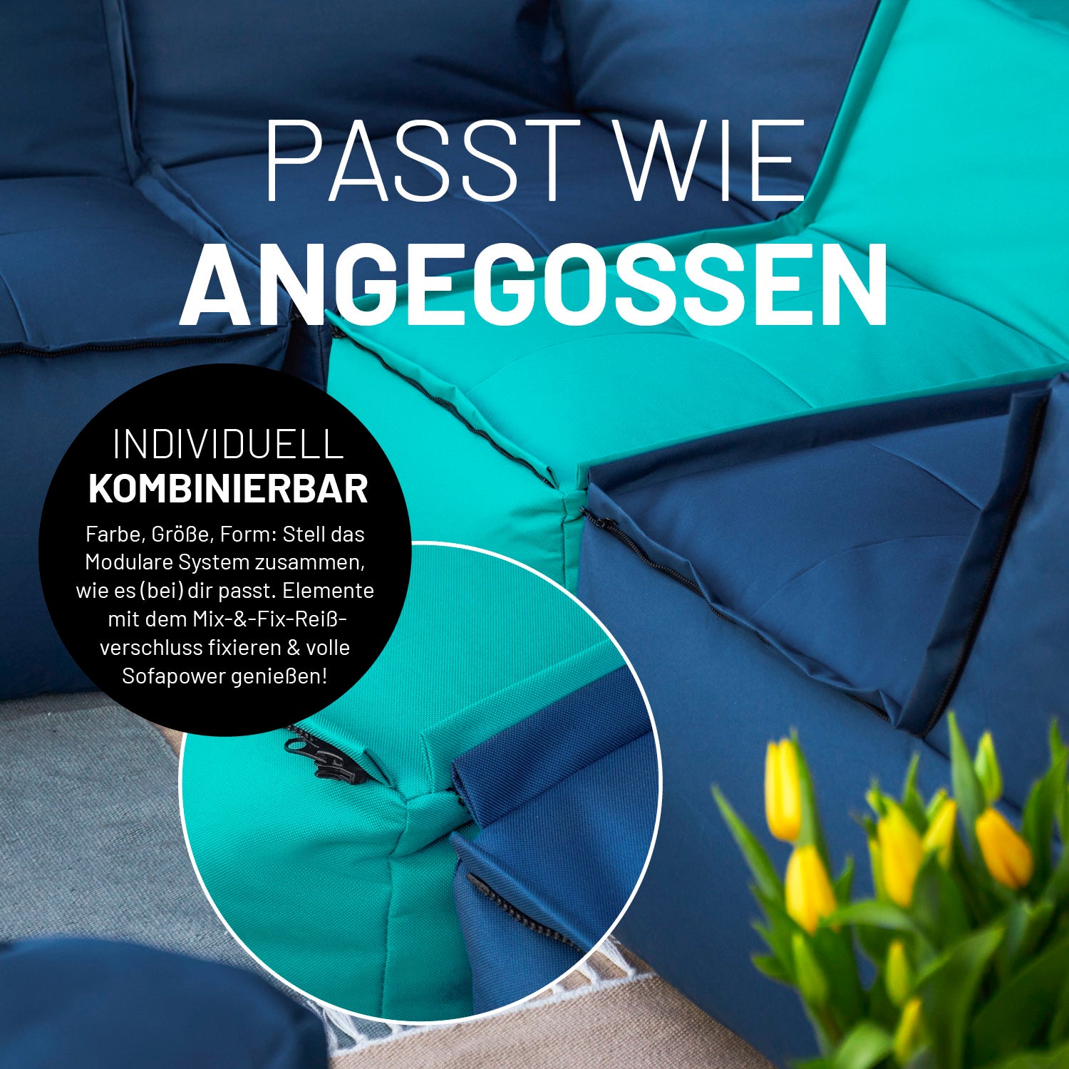 Detailansicht des Mix-&-Fix-Reißverschlusses für die individuelle Kombination der einzelnen Module nach Farbe, Größe oder Form.