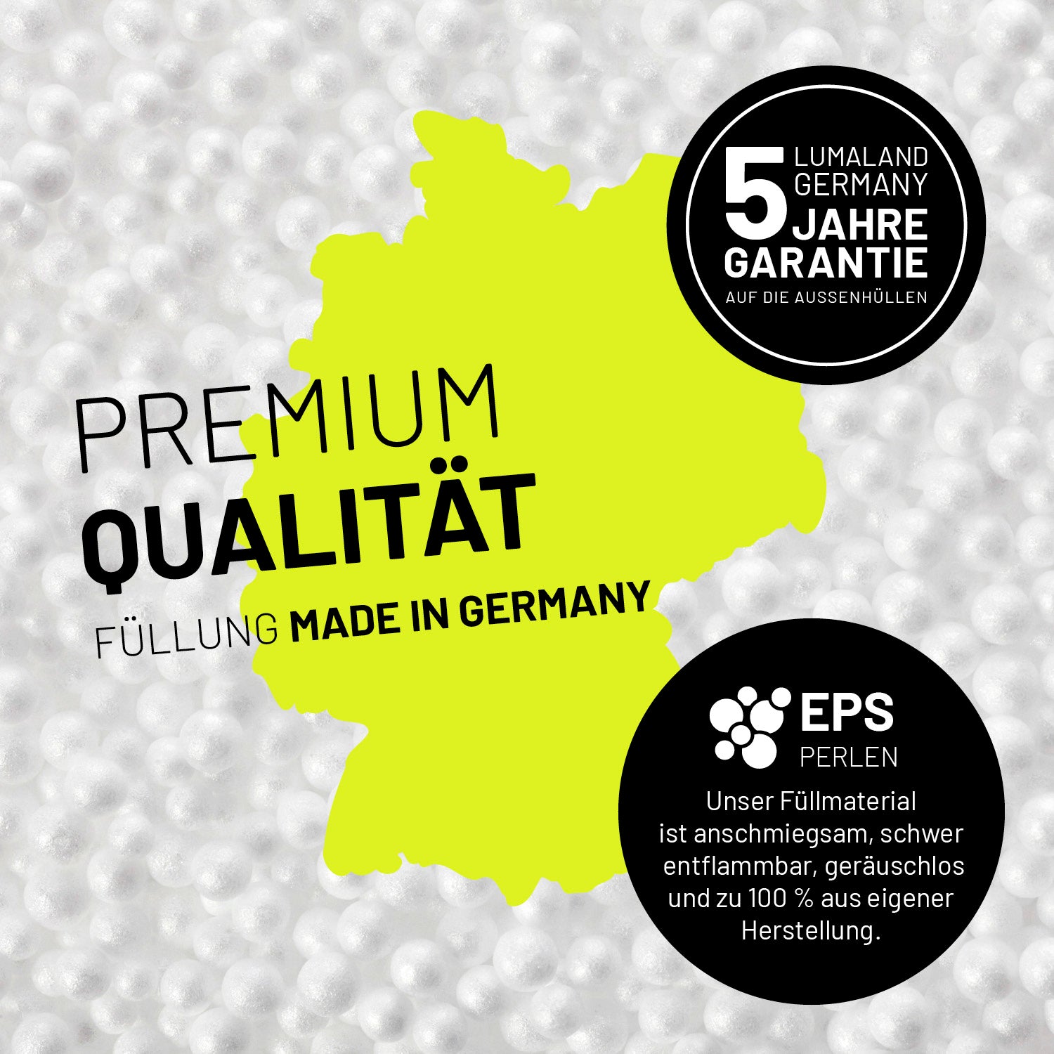 Umrisse der Deutschland-Karte mit Hinweis auf die EPS-Perlen und LUMALAND Germany 5 Jahre Garantie auf die Aussenhülle.
