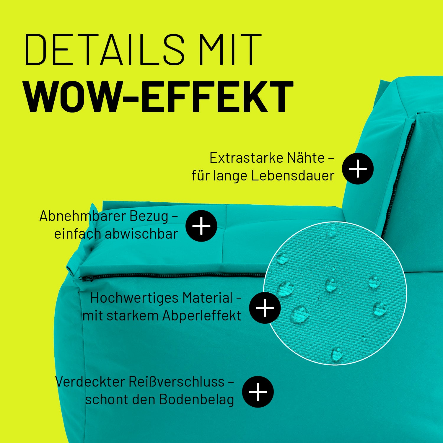 Lounge im Detail mit Informationen zu "Waschbarer Bezug", "Verdeckter Reißverschluss", Abperleffekt" und "Extrastarke Nähte".
