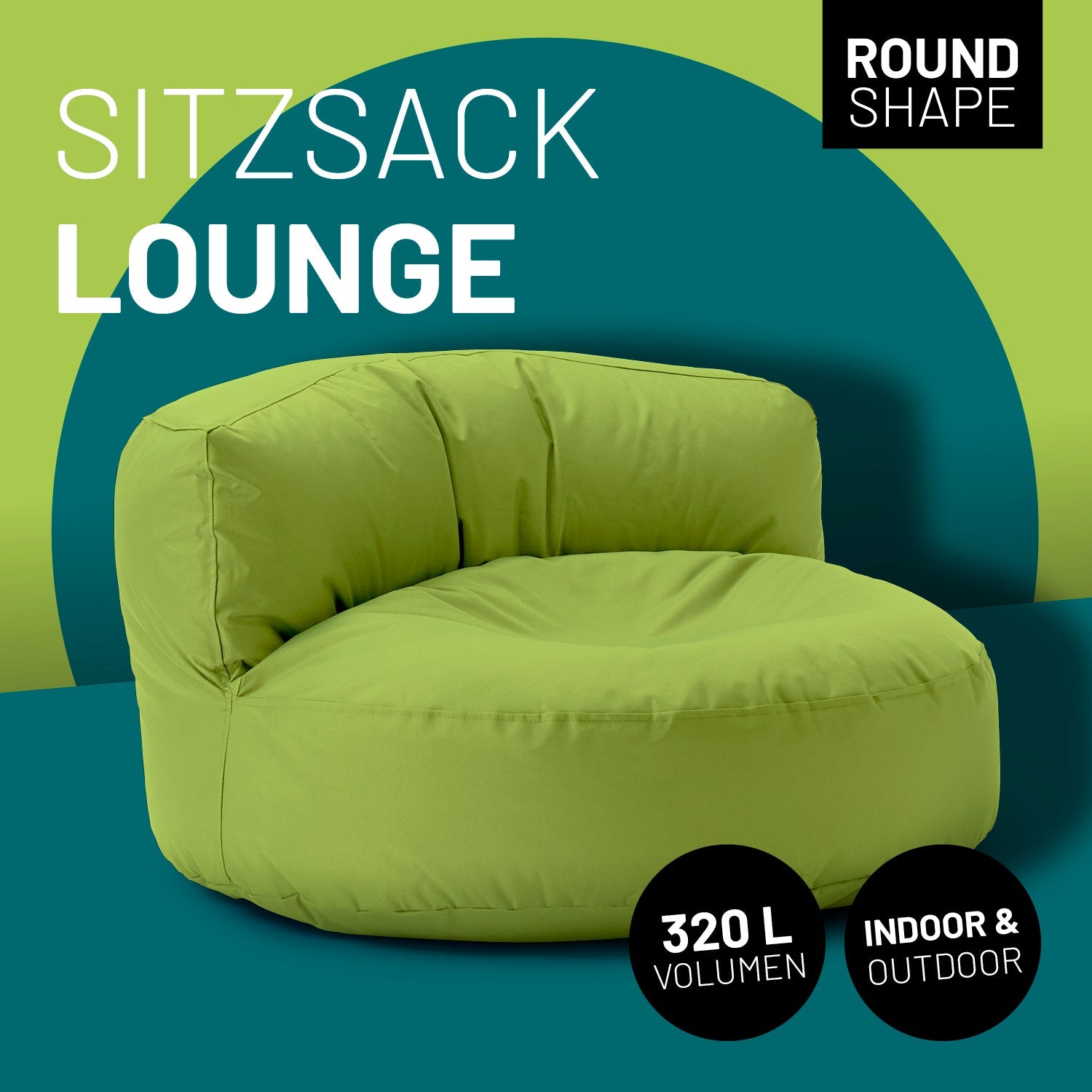 Lounge Sitzsack-Sofa in Grün mit Icon "Round Shape", "320 L Volumen" und "Indoor & Outdoor".