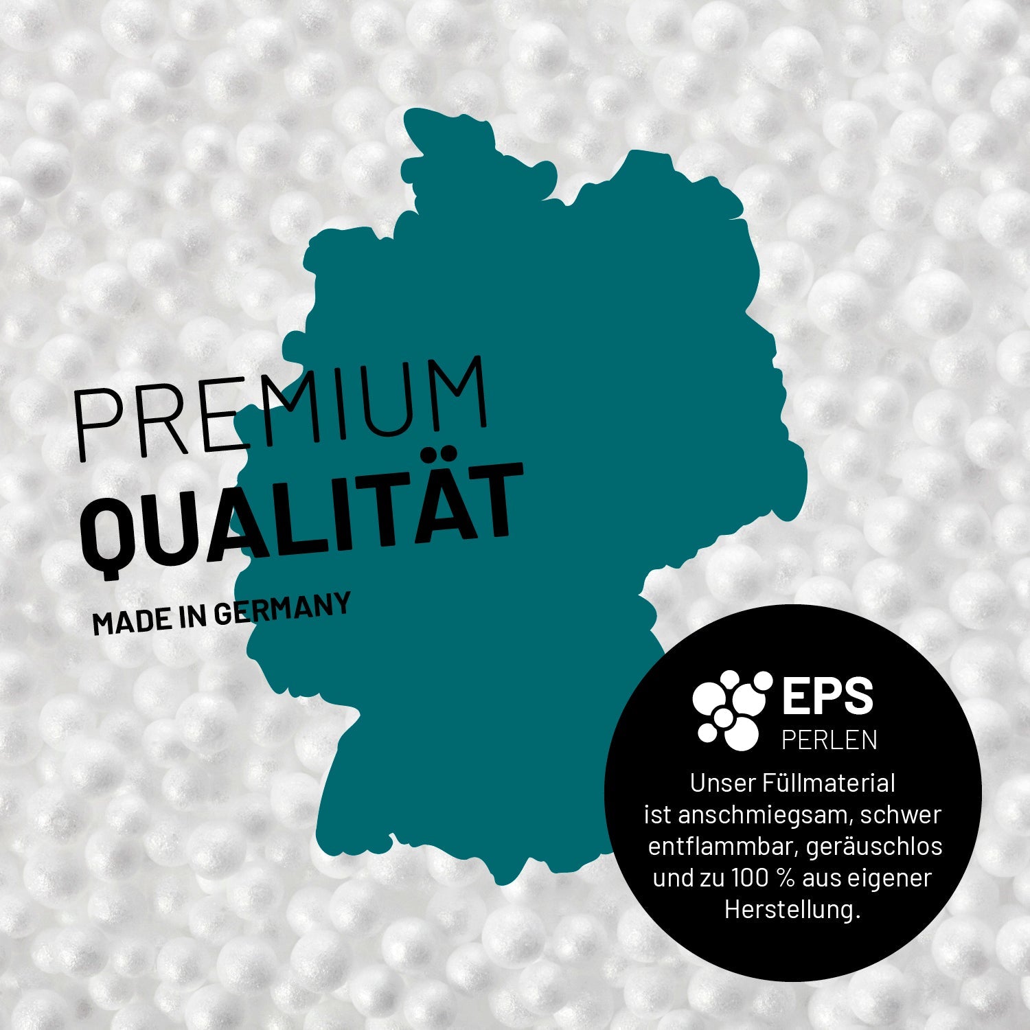 Umrisse der Deutschland-Karte mit Hinweis auf die EPS-Perlen und LUMALAND Germany 5 Jahre Garantie auf die Aussenhülle.