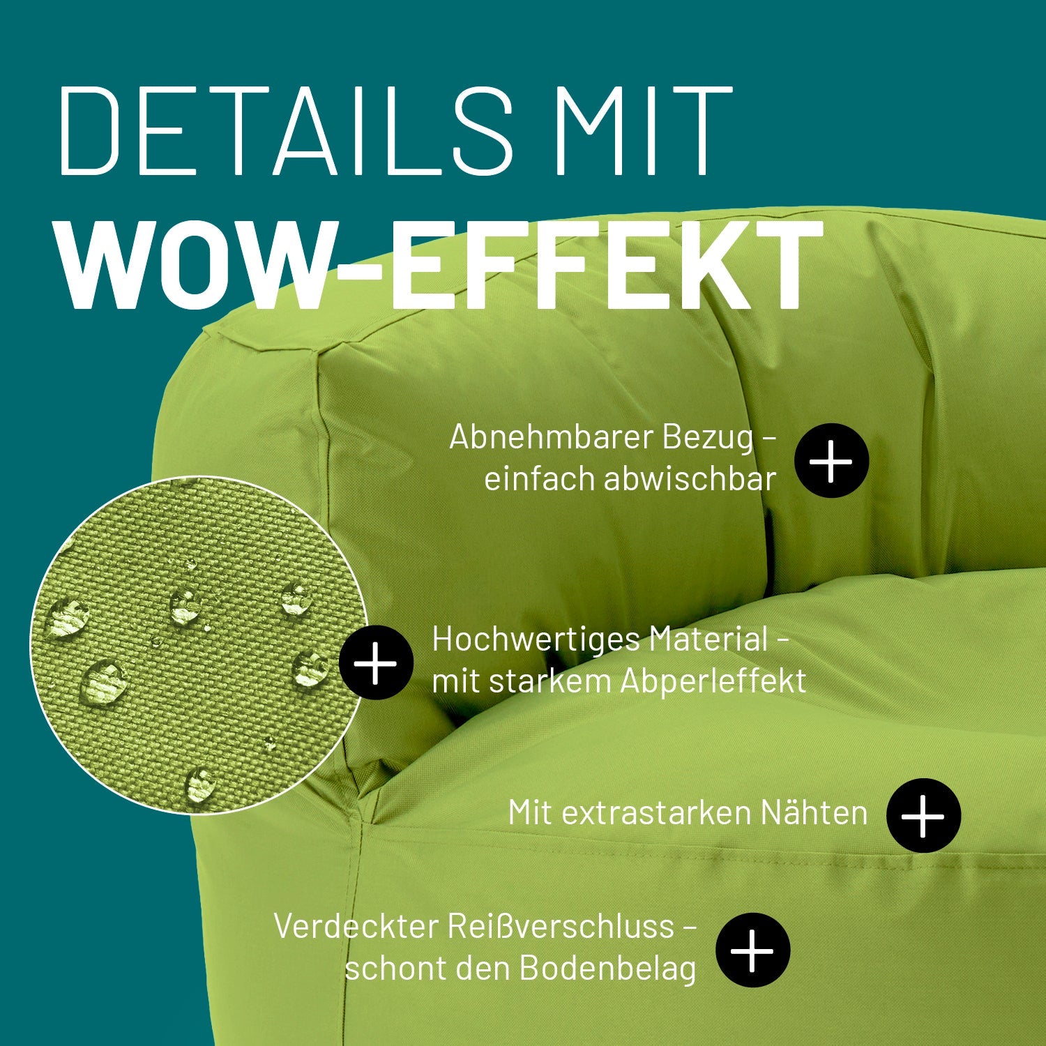 Grünes Sitzsack-Sofa im Detail mit Informationen zu "Abwischbarer Bezug", "Verdeckter Reißverschluss" und "Extrastarke Nähte".