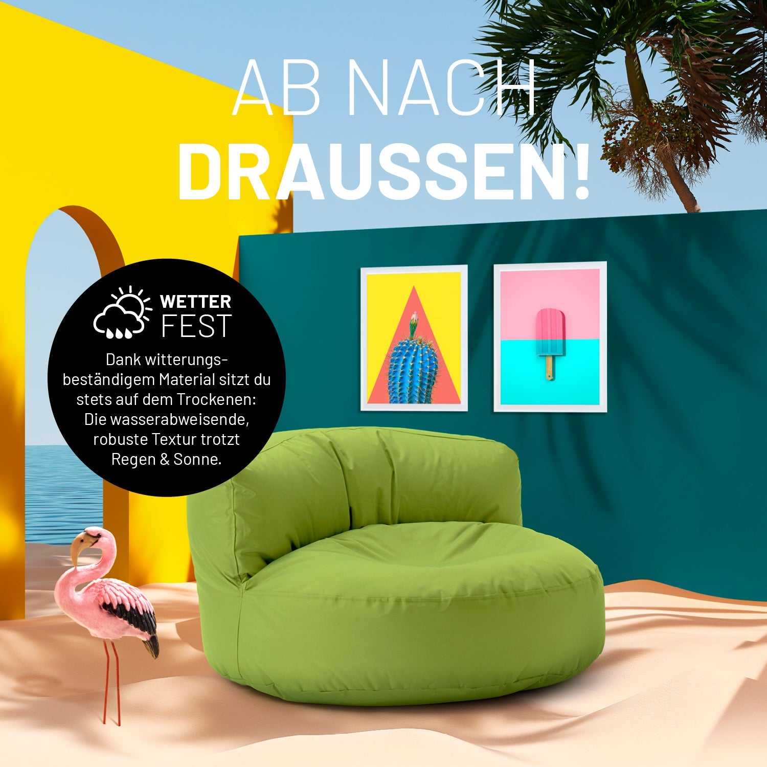 Grüner Lounge-Sitzsack in einer sehr bunten Outdoorszene mit Flamingo und Icon zum "Witterungsbeständigen Material."