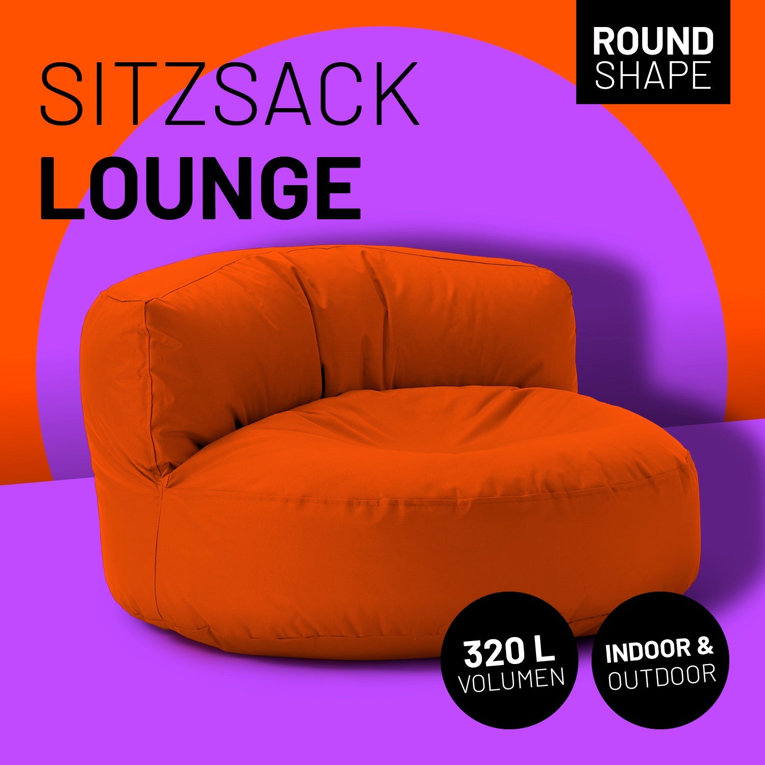 Lounge Sitzsack-Sofa in Orange mit Icon "Round Shape", "320 L Volumen" und "Indoor & Outdoor".