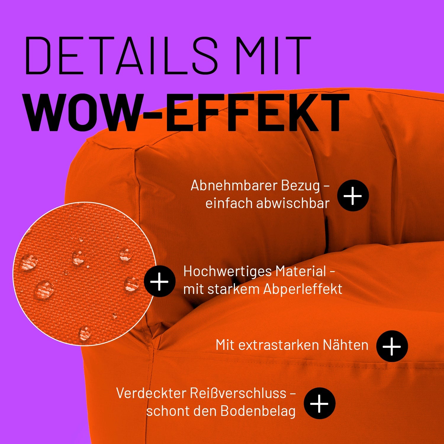 Oranges Sitzsack-Sofa im Detail mit Informationen zu "Abwischbarer Bezug", "Verdeckter Reißverschluss" und "Extrastarke Nähte".